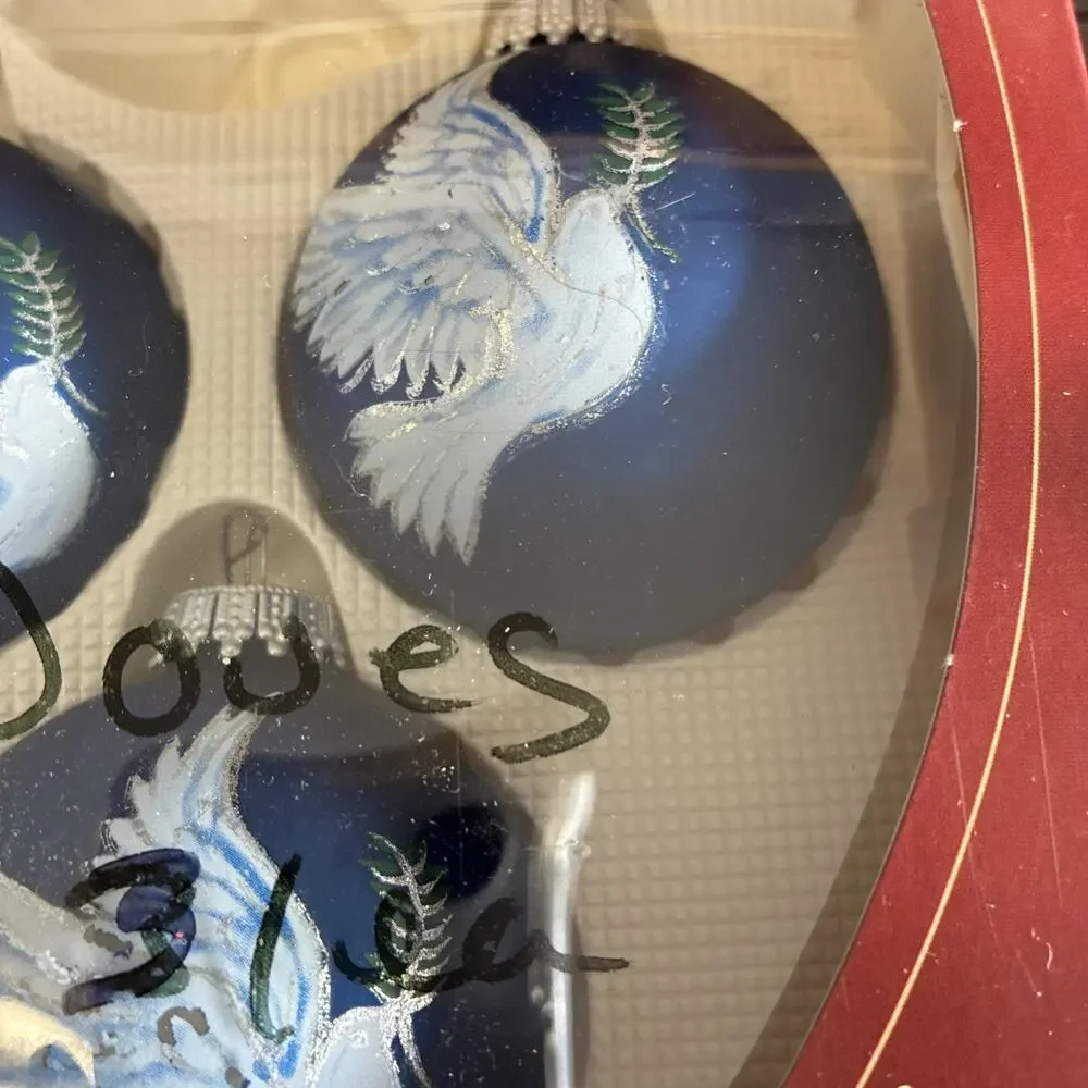 Vintage Krebs Lot of 6 Glitter Hand Painted Doves Blue Glass Ball Ornaments